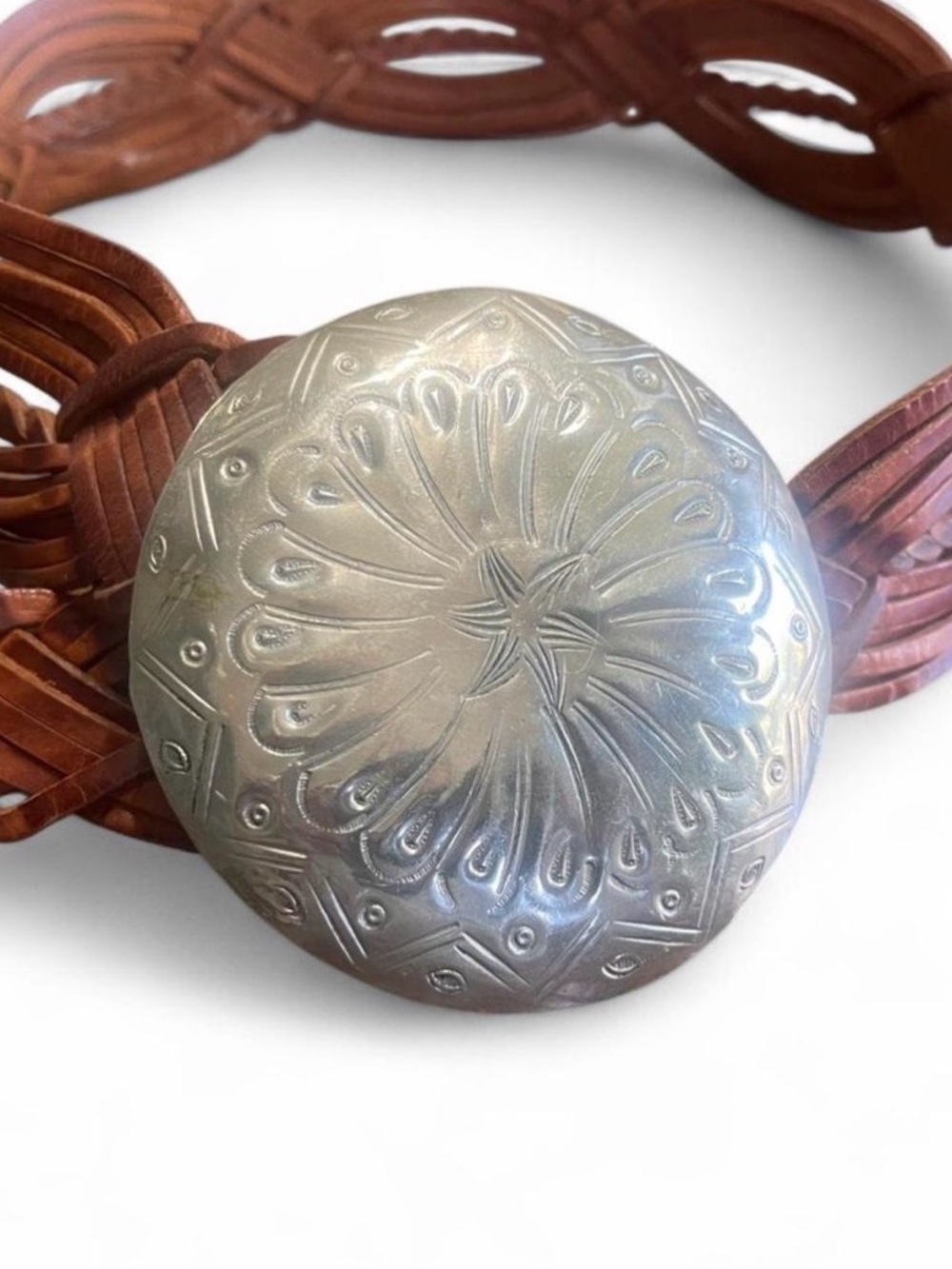 Silver-Tone Floral Engraved Western Belt Buckle with Brown Leather Accent